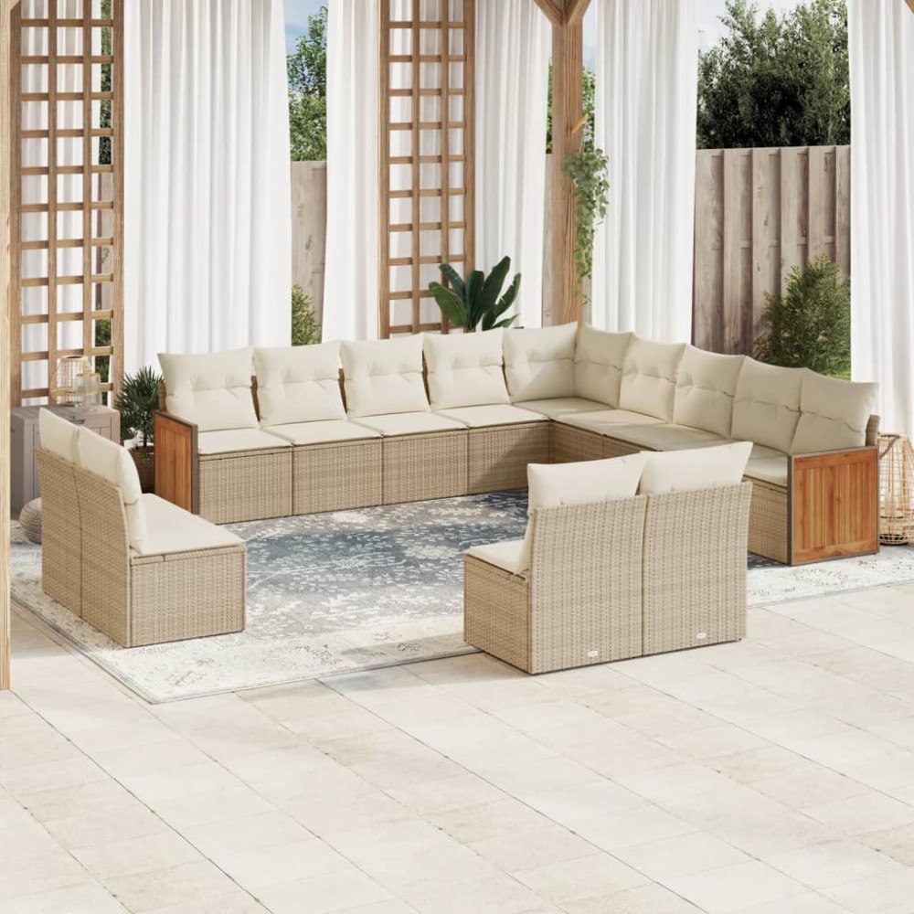 vidaXL Soffgrupp för trädgården med dynor 13 delar beige konstrotting