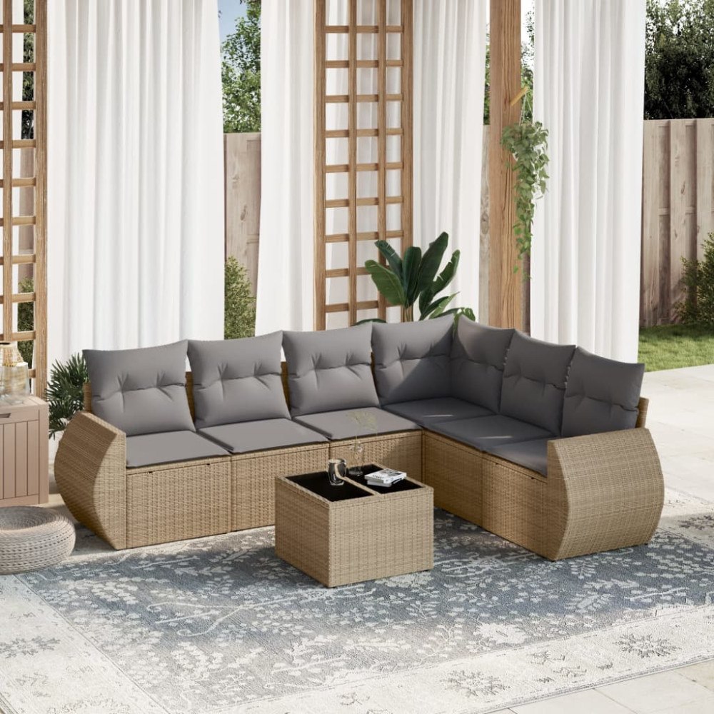 vidaXL Matgrupp för trädgården med dynor 7 delar beige konstrotting