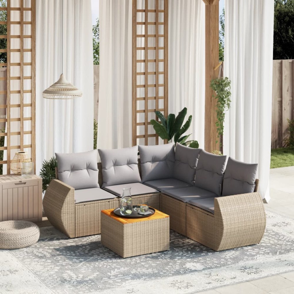 vidaXL Soffgrupp för trädgården med dynor 6 delar beige konstrotting