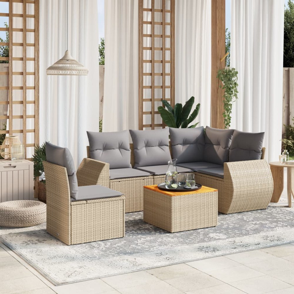 vidaXL Soffgrupp för trädgården med dynor 6 delar beige konstrotting