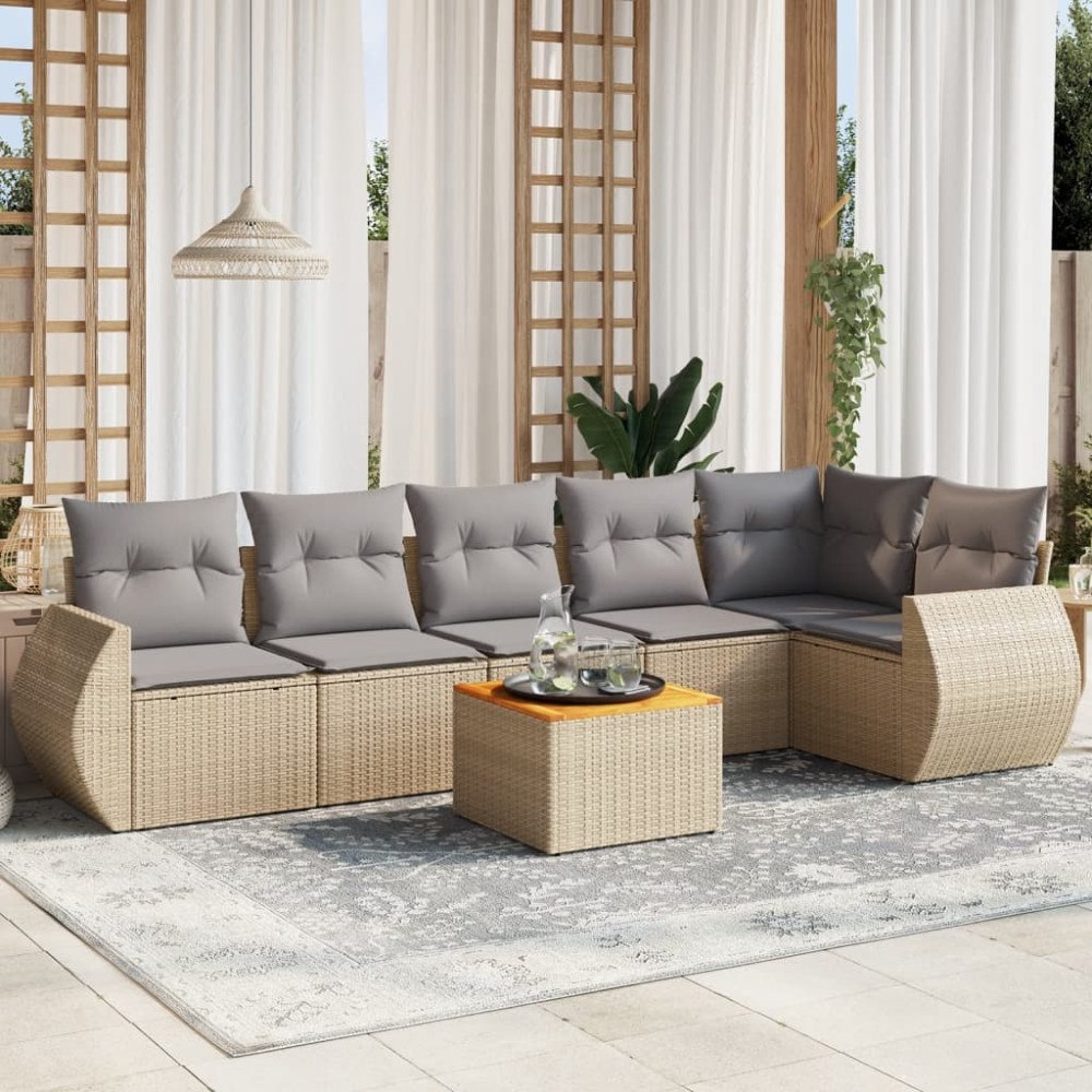 vidaXL Matgrupp för trädgården med dynor 7 delar beige konstrotting