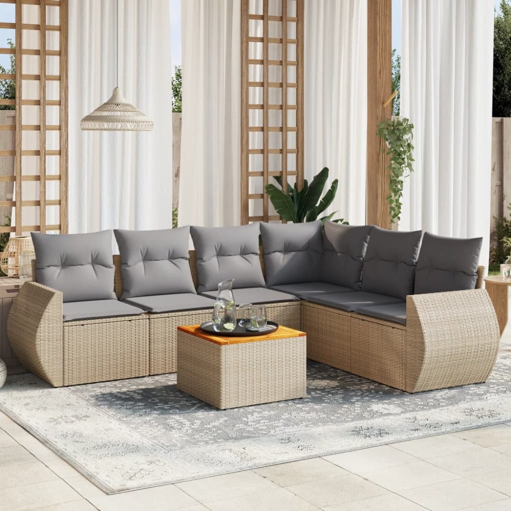 vidaXL Matgrupp för trädgården med dynor 7 delar beige konstrotting