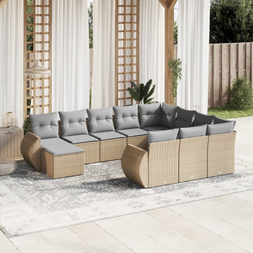 vidaXL Loungegrupp för trädgården m. dynor 11 delar beige konstrotting