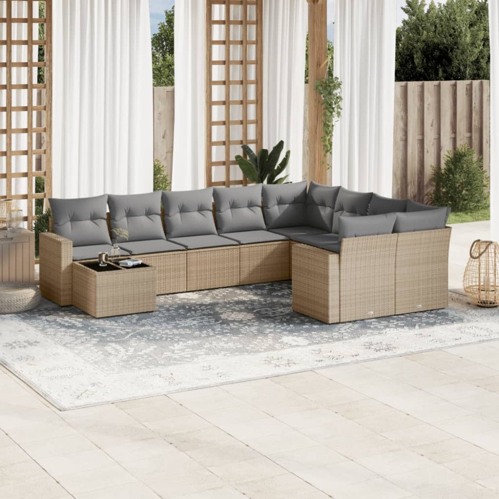vidaXL Soffgrupp för trädgård med dynor 10 delar beige konstrotting