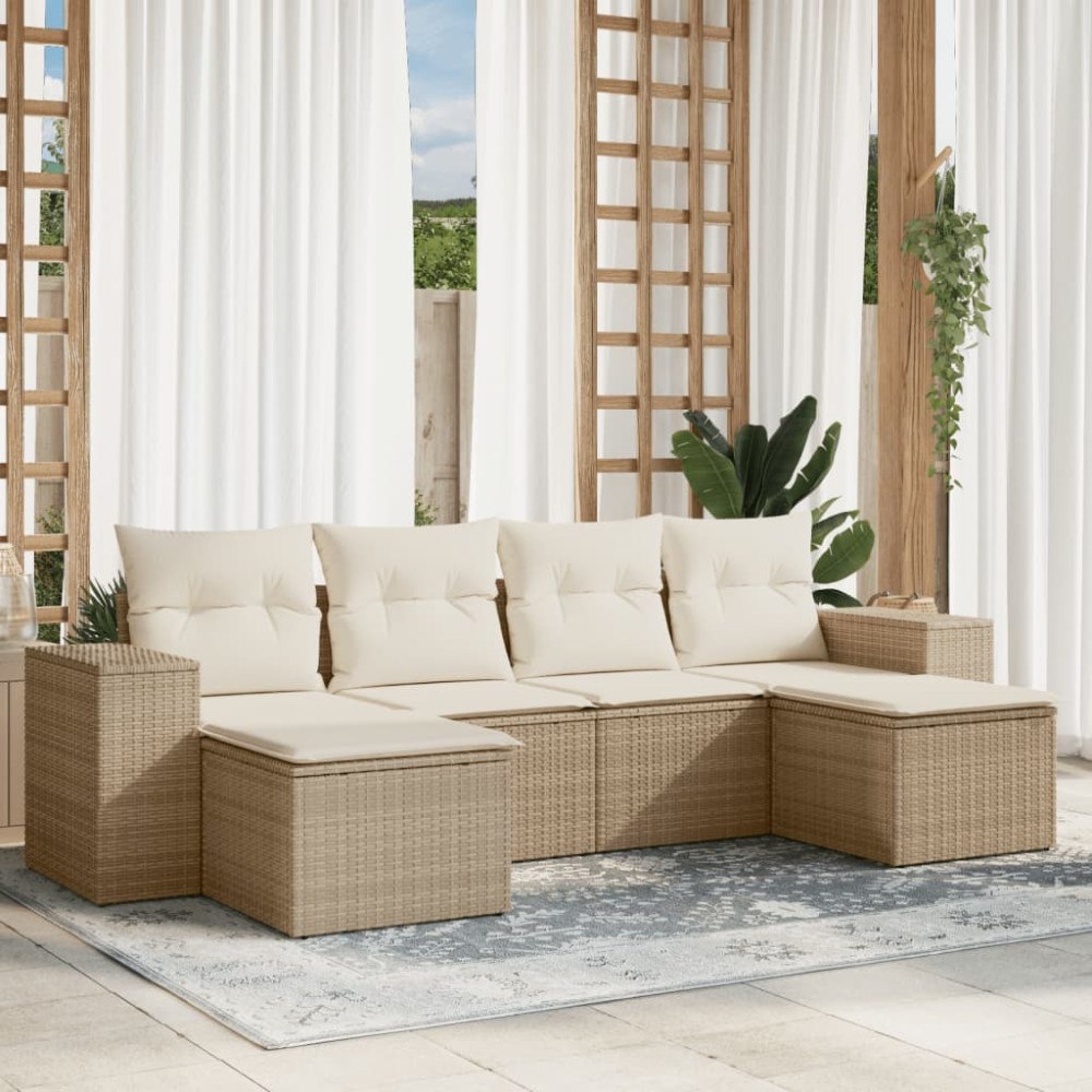 vidaXL Soffgrupp för trädgården med dynor 6 delar beige konstrotting