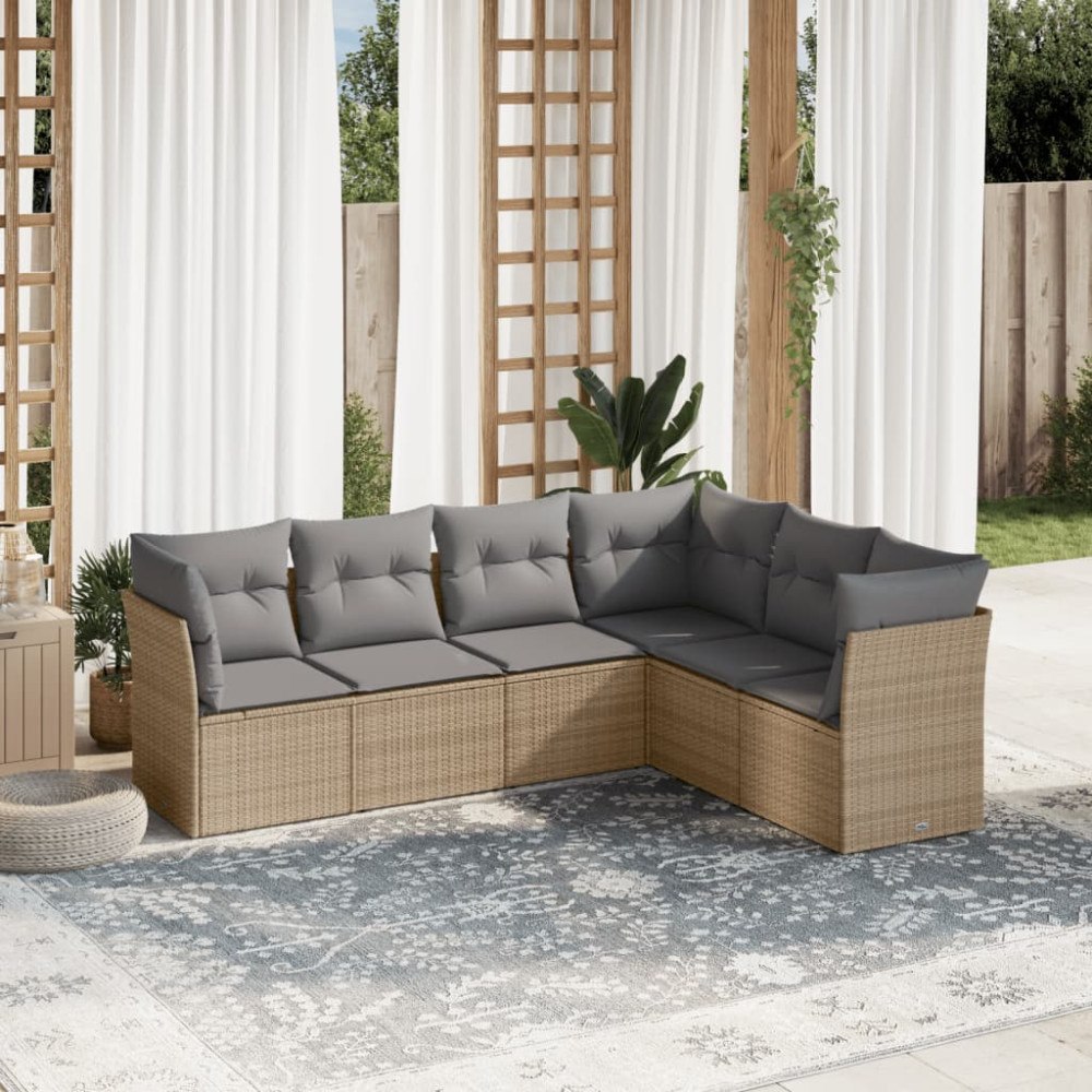 vidaXL Soffgrupp för trädgården med dynor 6 delar beige konstrotting