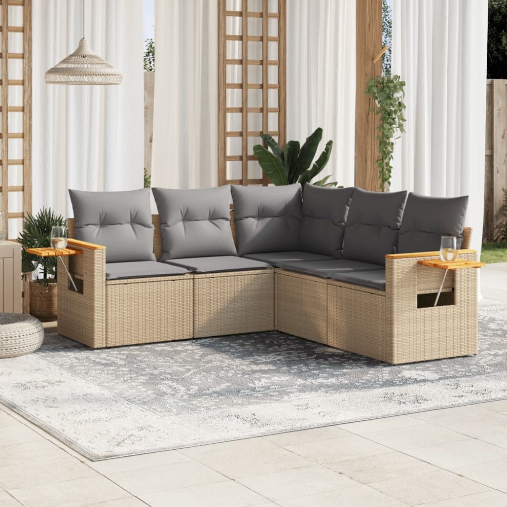 vidaXL Soffgrupp för trädgården med dynor 5 delar beige konstrotting