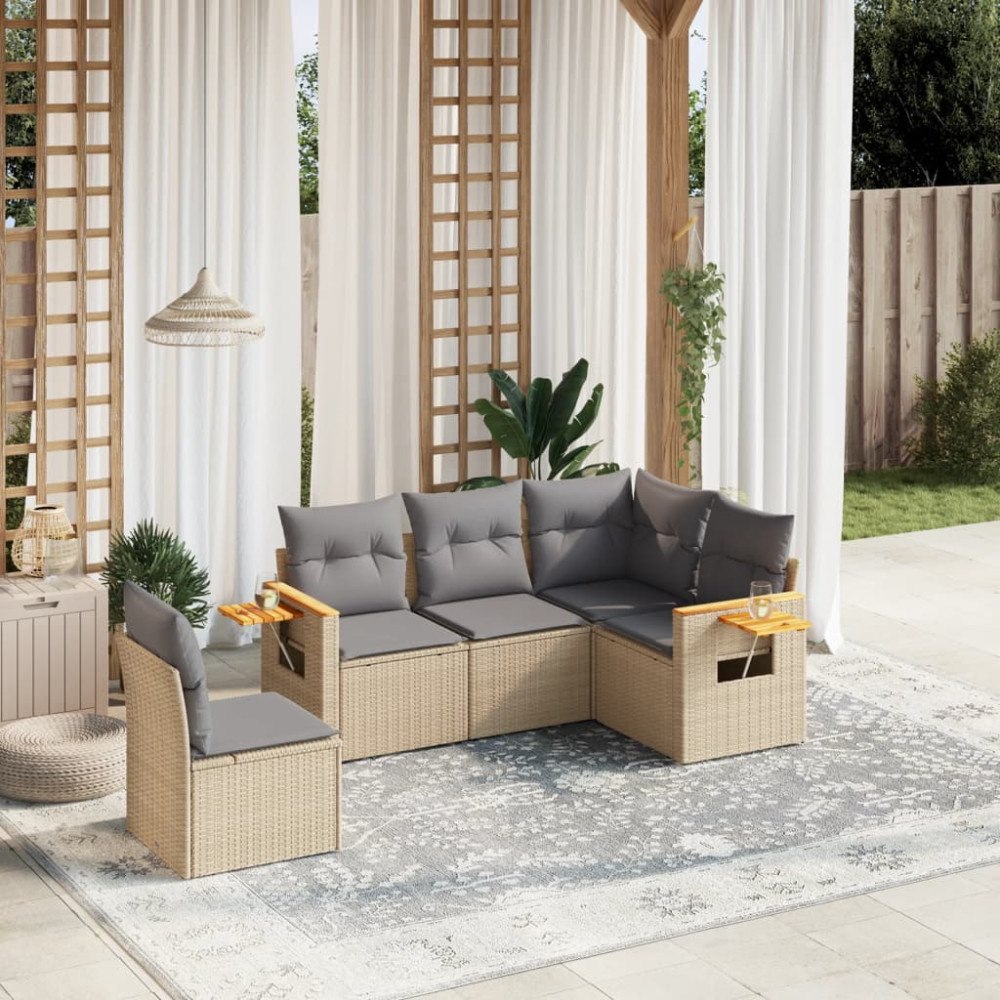 vidaXL Soffgrupp för trädgården med dynor 5 delar beige konstrotting