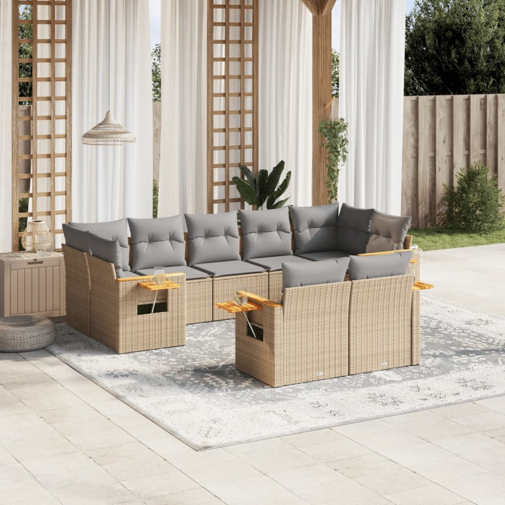 vidaXL Soffgrupp för trädgården med dynor 9 delar beige konstrotting