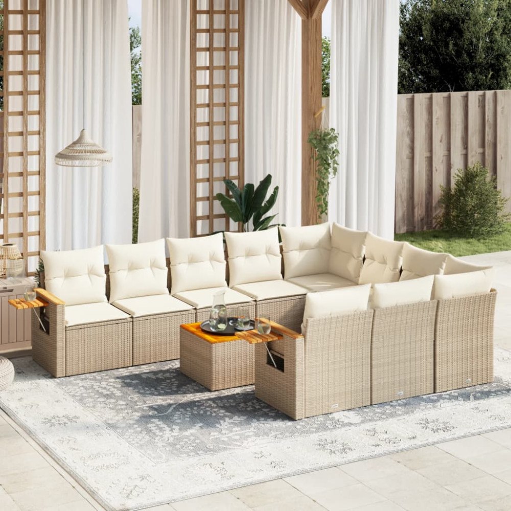 vidaXL Loungegrupp för trädgården m. dynor 11 delar beige konstrotting