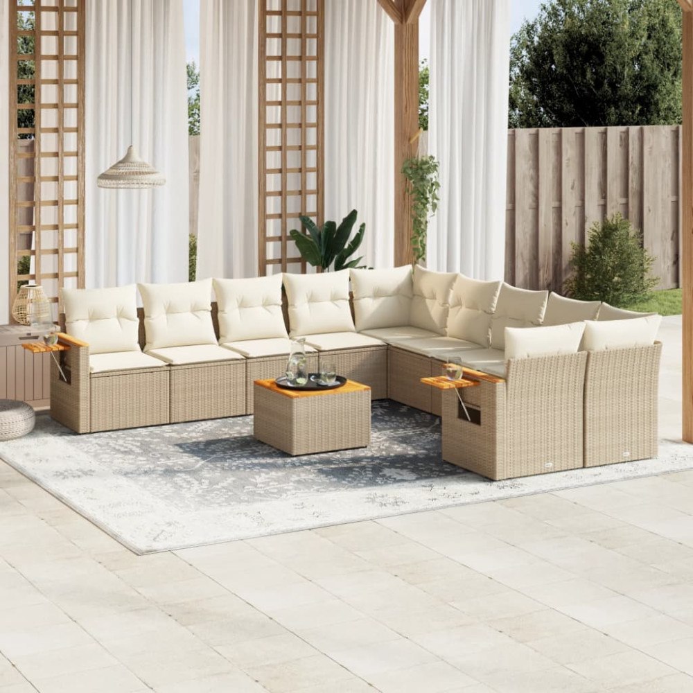 vidaXL Loungegrupp för trädgården m. dynor 11 delar beige konstrotting