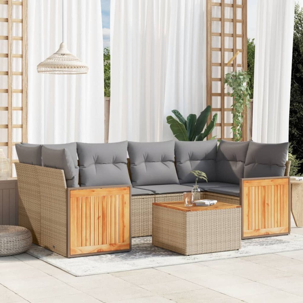 vidaXL Matgrupp för trädgården med dynor 7 delar beige konstrotting