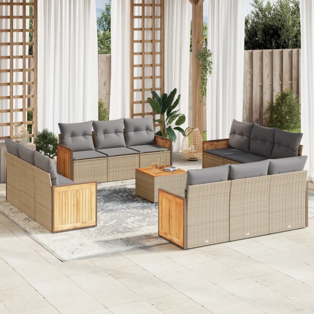 vidaXL Soffgrupp för trädgården med dynor 13 delar beige konstrotting