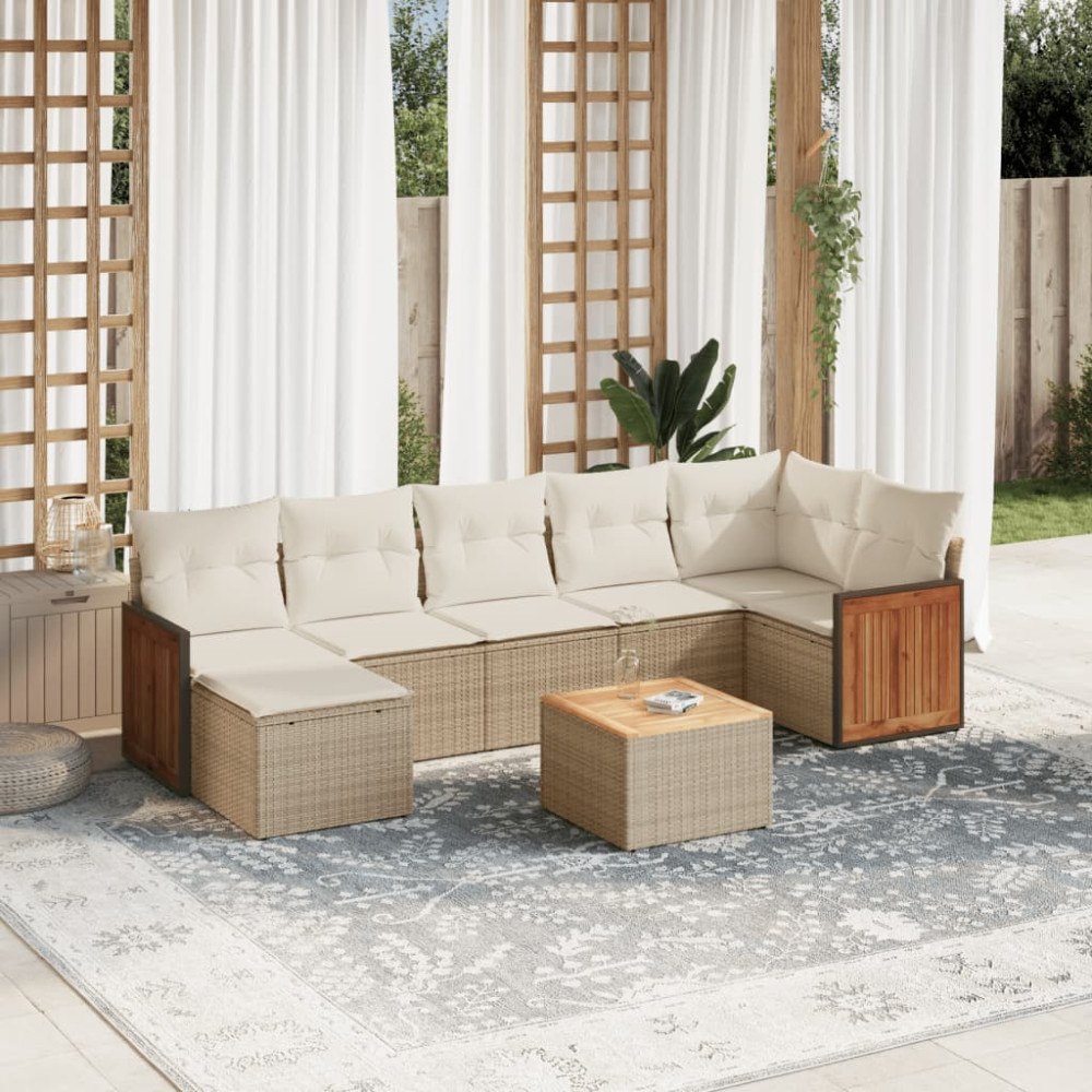 vidaXL Matgrupp för trädgården med dynor 8 delar beige konstrotting