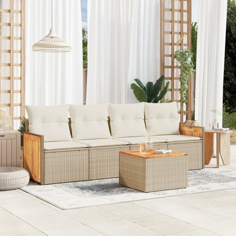 vidaXL Soffgrupp för trädgården med dynor 5 delar beige konstrotting
