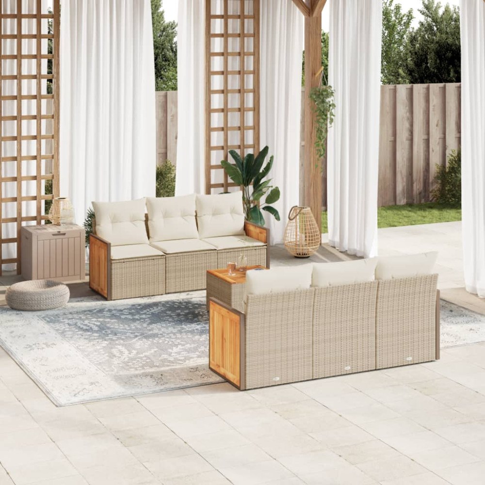 vidaXL Matgrupp för trädgården med dynor 7 delar beige konstrotting