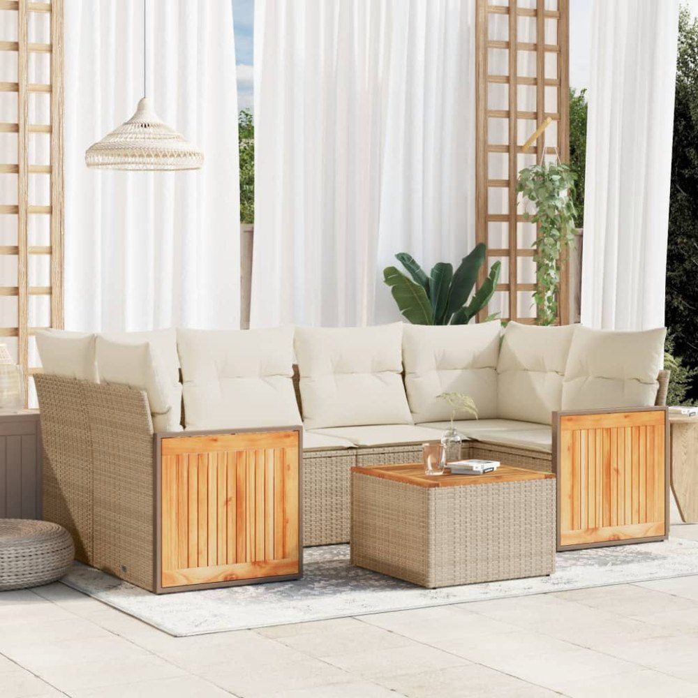 vidaXL Matgrupp för trädgården med dynor 7 delar beige konstrotting