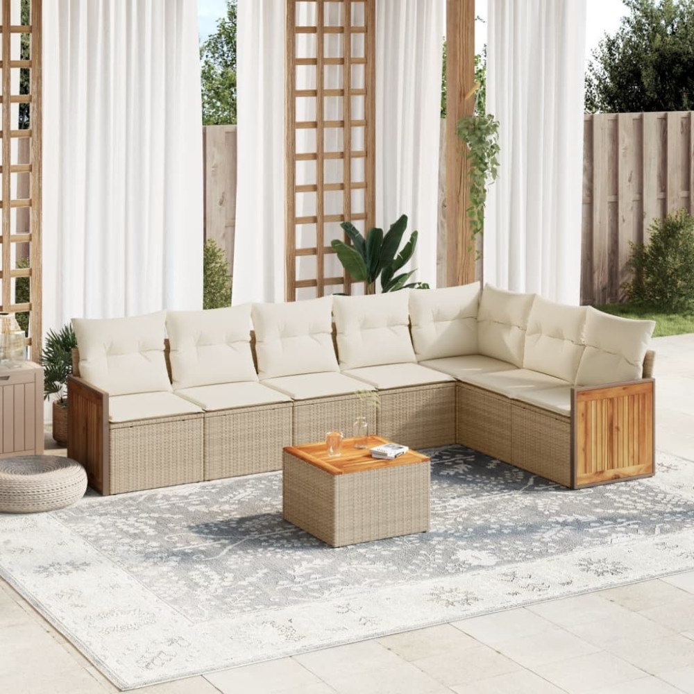 vidaXL Matgrupp för trädgården med dynor 8 delar beige konstrotting