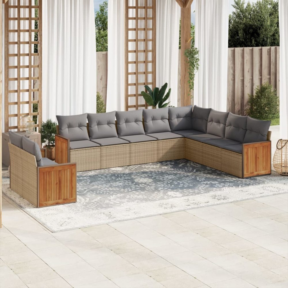 vidaXL Soffgrupp för trädgård med dynor 10 delar beige konstrotting