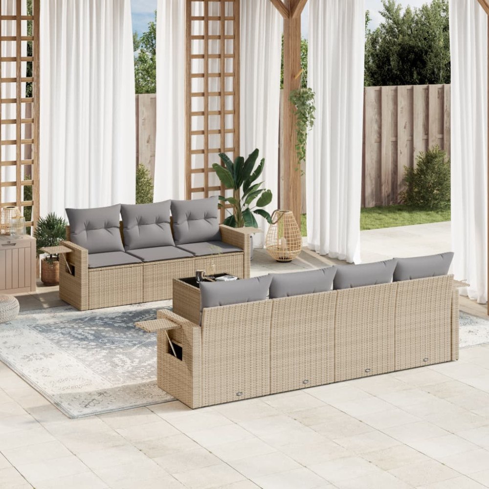 vidaXL Matgrupp för trädgården med dynor 8 delar beige konstrotting