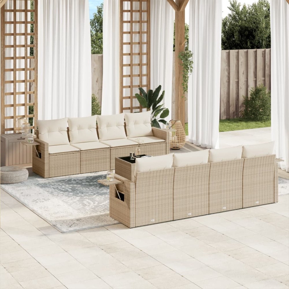 vidaXL Soffgrupp för trädgården med dynor 9 delar beige konstrotting