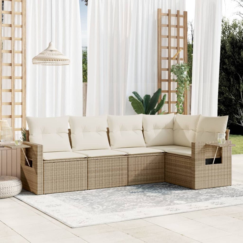 vidaXL Soffgrupp för trädgården med dynor 5 delar beige konstrotting