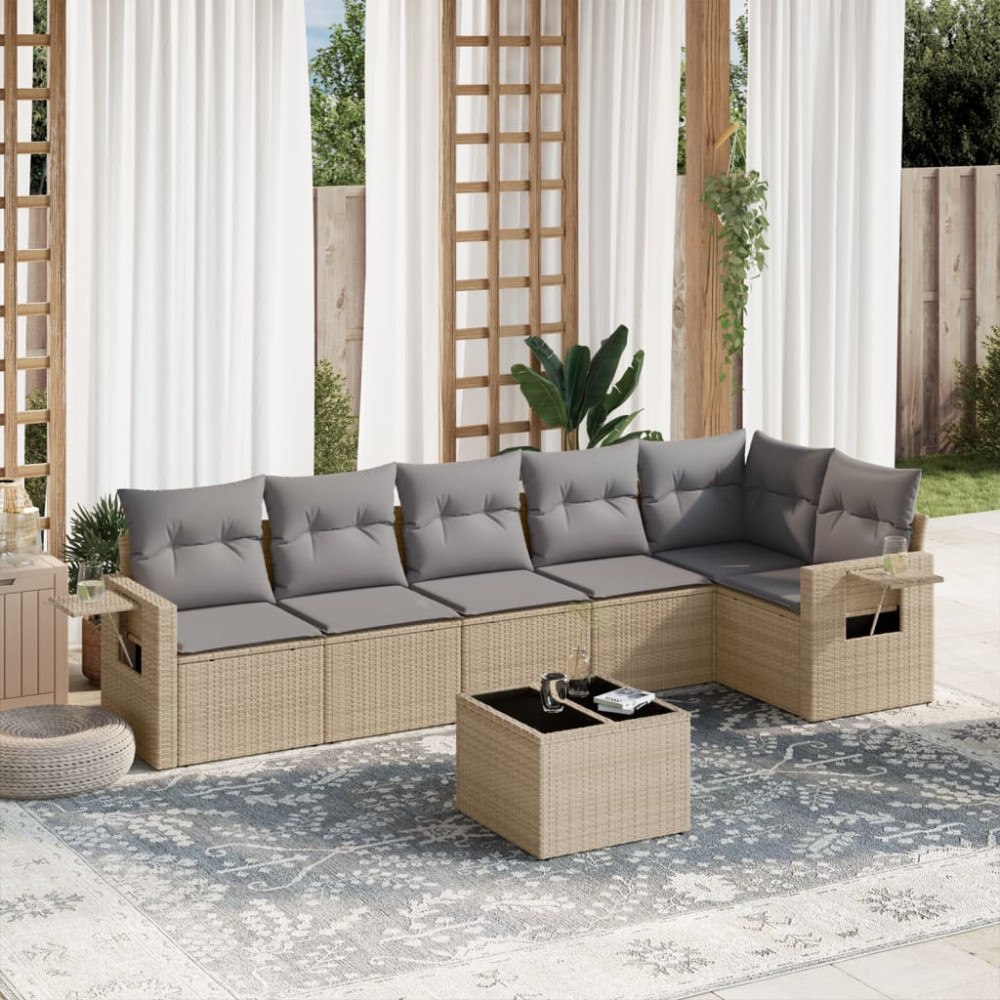 vidaXL Matgrupp för trädgården med dynor 7 delar beige konstrotting
