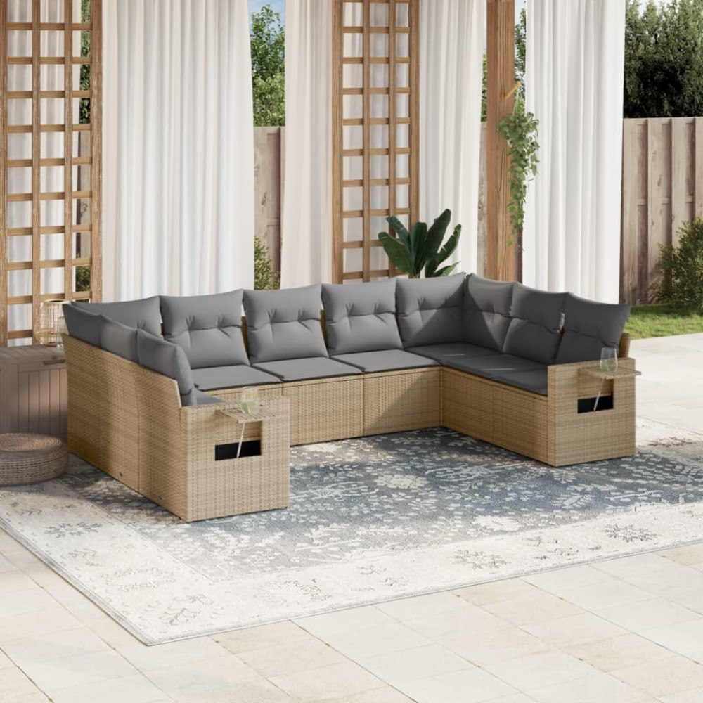 vidaXL Soffgrupp för trädgården med dynor 9 delar beige konstrotting