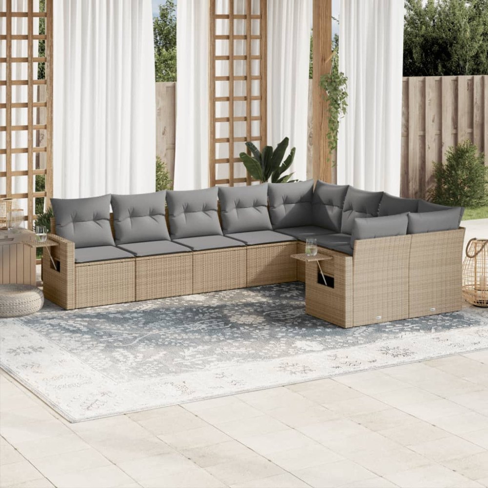 vidaXL Soffgrupp för trädgården med dynor 9 delar beige konstrotting