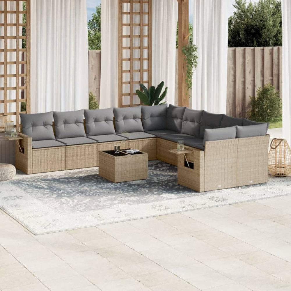 vidaXL Loungegrupp för trädgården m. dynor 11 delar beige konstrotting