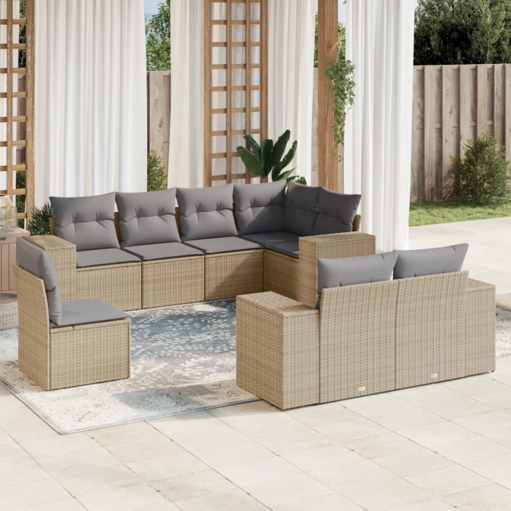 vidaXL Matgrupp för trädgården med dynor 8 delar beige konstrotting