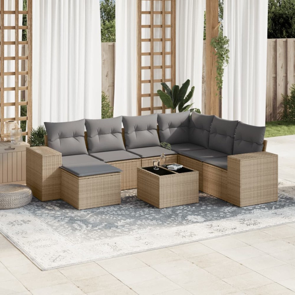 vidaXL Matgrupp för trädgården med dynor 8 delar beige konstrotting
