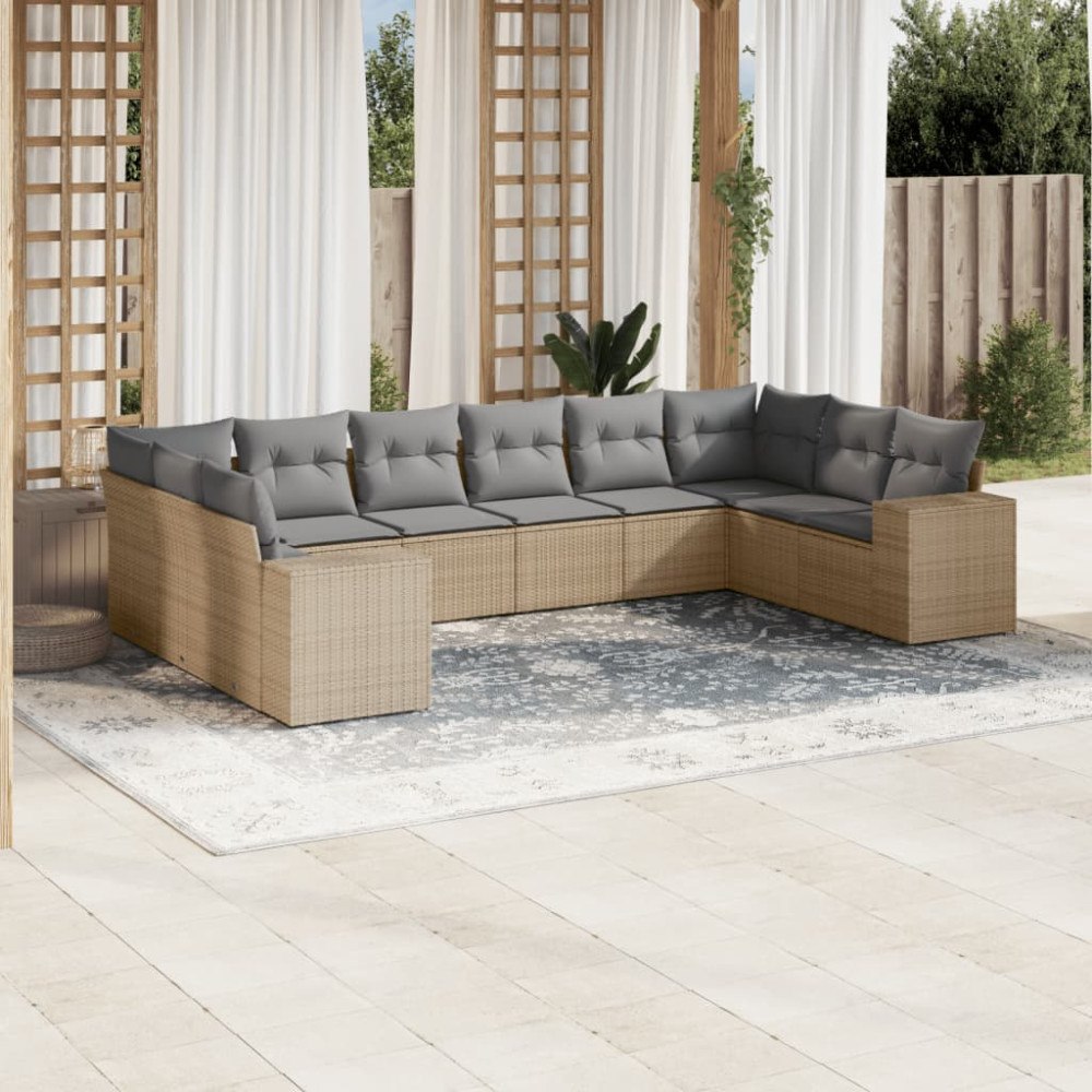 vidaXL Soffgrupp för trädgård med dynor 10 delar beige konstrotting