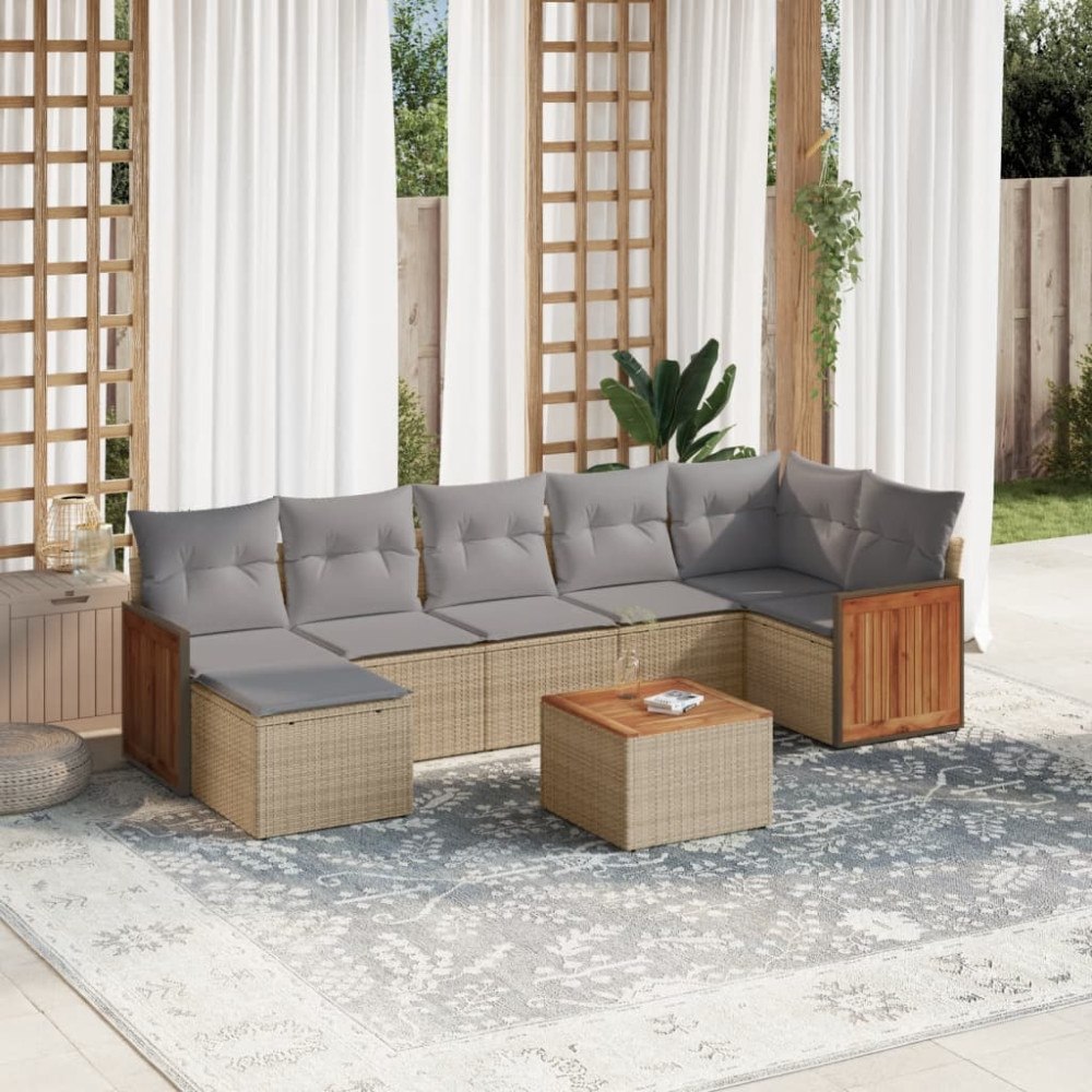 vidaXL Matgrupp för trädgården med dynor 8 delar beige konstrotting