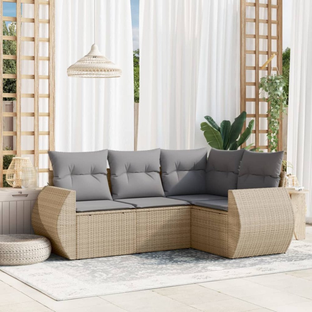 vidaXL Soffgrupp för trädgård med dynor 4 delar beige konstrotting