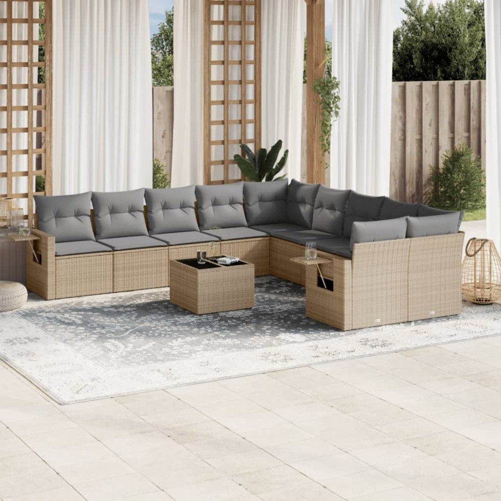 vidaXL Loungegrupp för trädgården m. dynor 11 delar beige konstrotting