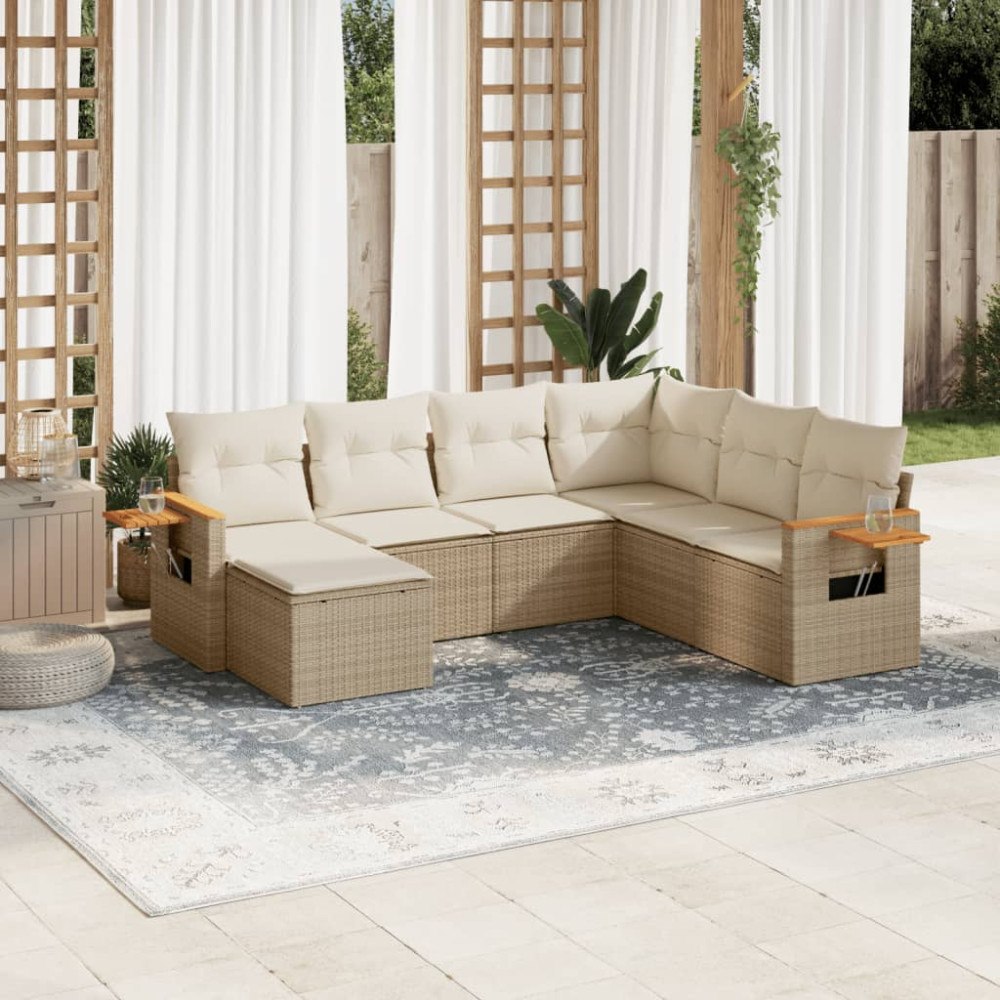 vidaXL Matgrupp för trädgården med dynor 7 delar beige konstrotting