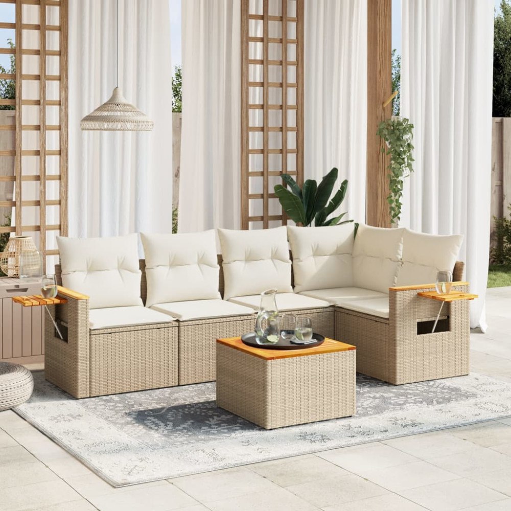 vidaXL Soffgrupp för trädgården med dynor 6 delar beige konstrotting