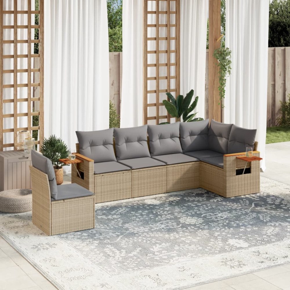 vidaXL Soffgrupp för trädgården med dynor 6 delar beige konstrotting