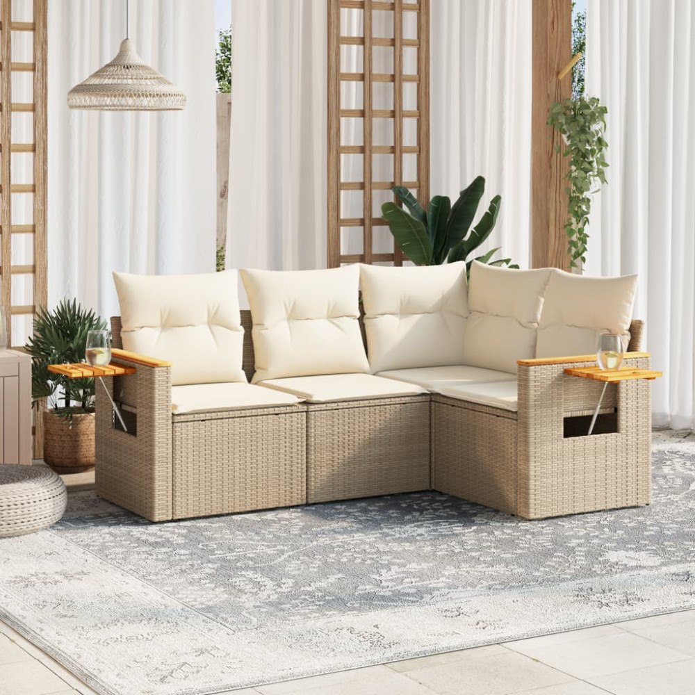 vidaXL Soffgrupp för trädgård med dynor 4 delar beige konstrotting