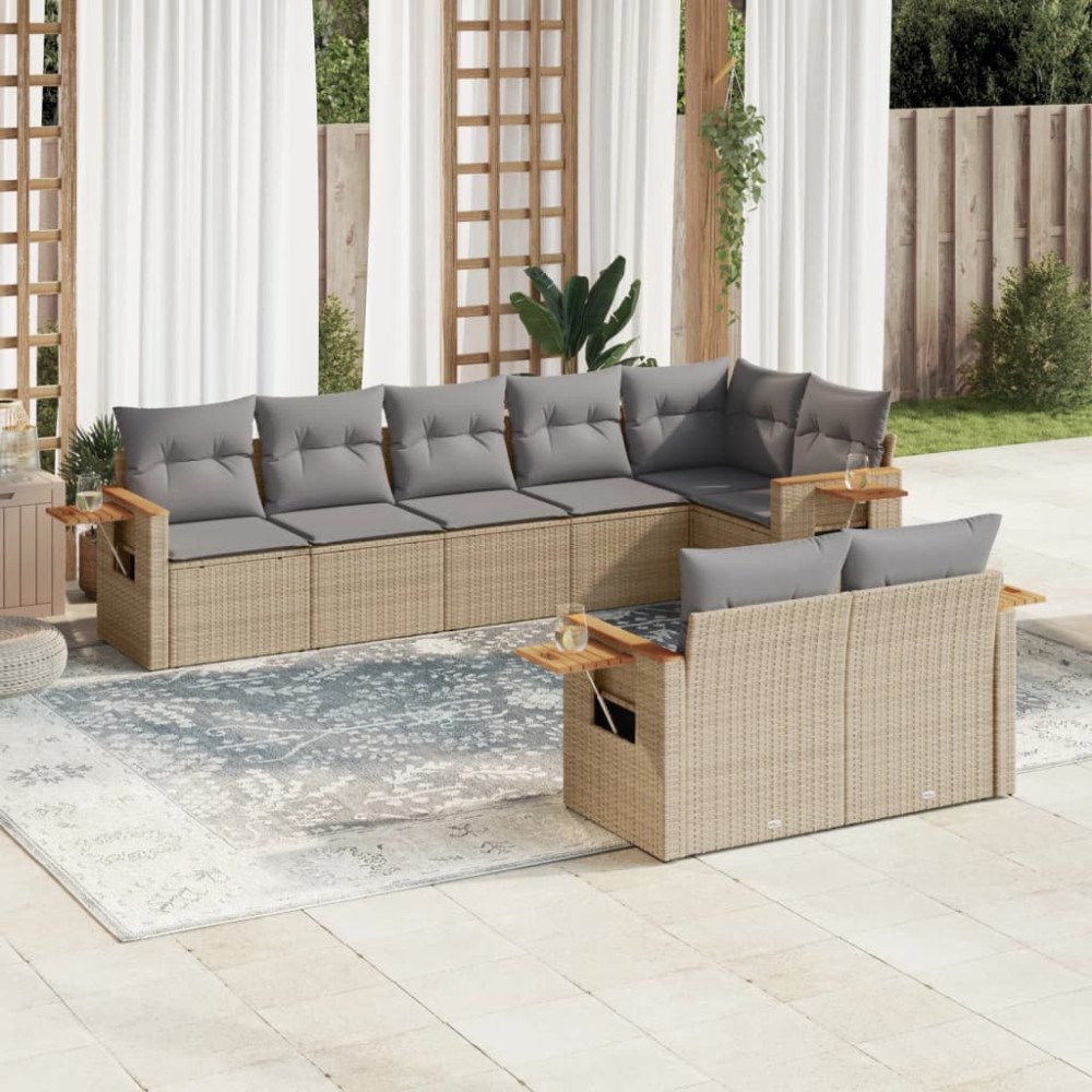 vidaXL Matgrupp för trädgården med dynor 8 delar beige konstrotting
