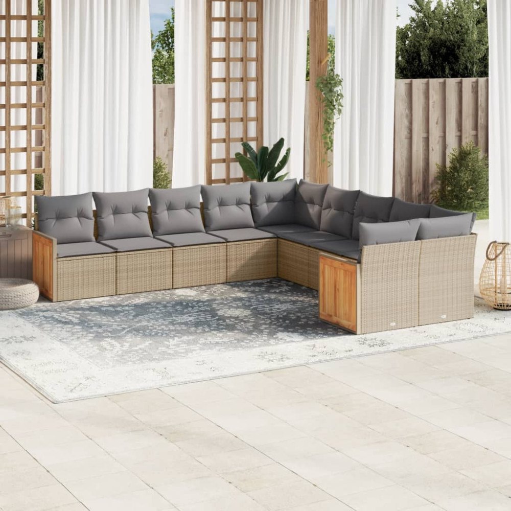 vidaXL Soffgrupp för trädgård med dynor 10 delar beige konstrotting