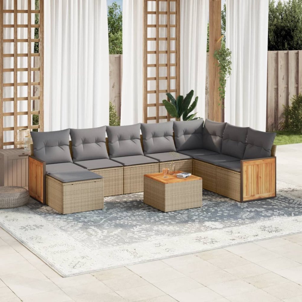 vidaXL Soffgrupp för trädgården med dynor 9 delar beige konstrotting