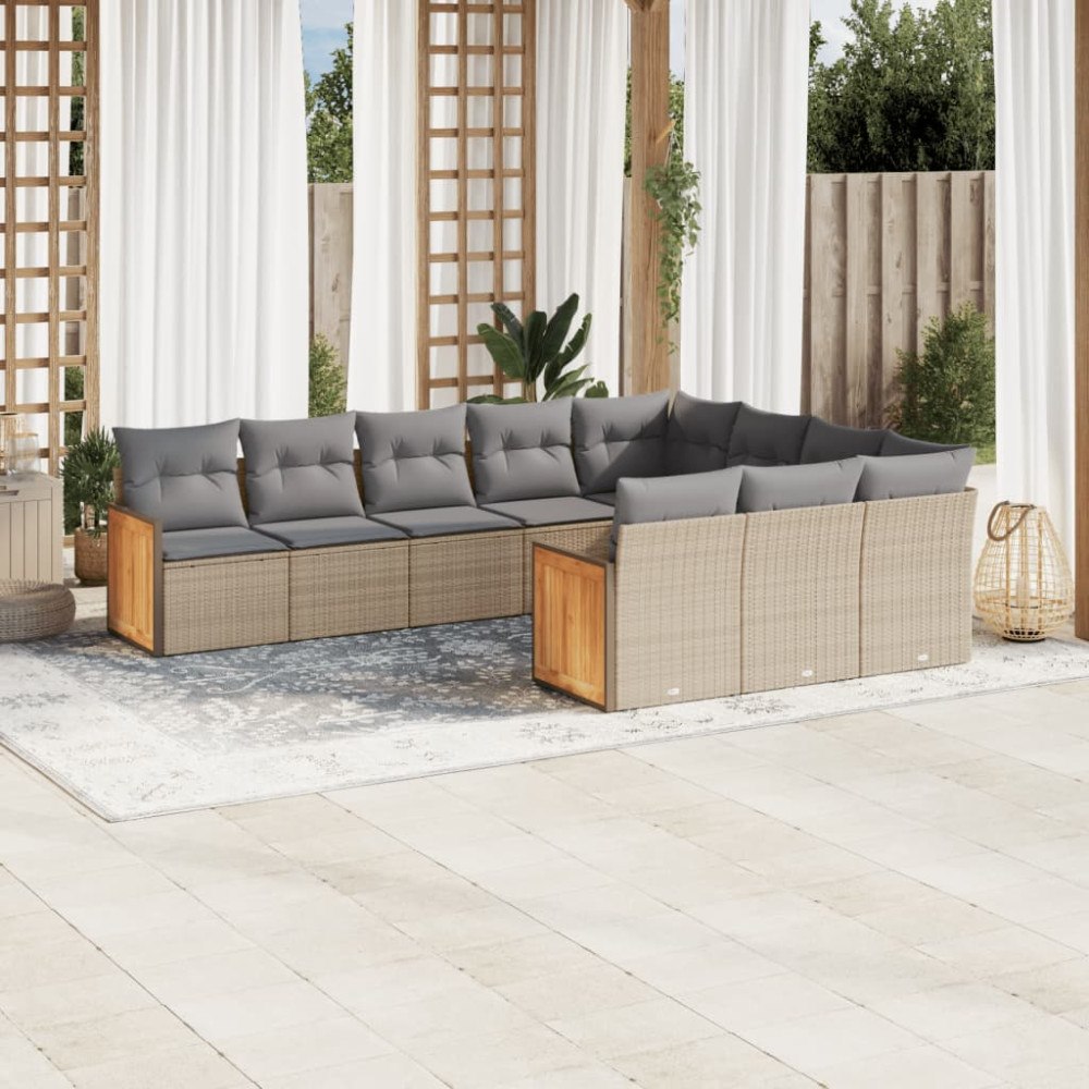 vidaXL Soffgrupp för trädgård med dynor 10 delar beige konstrotting
