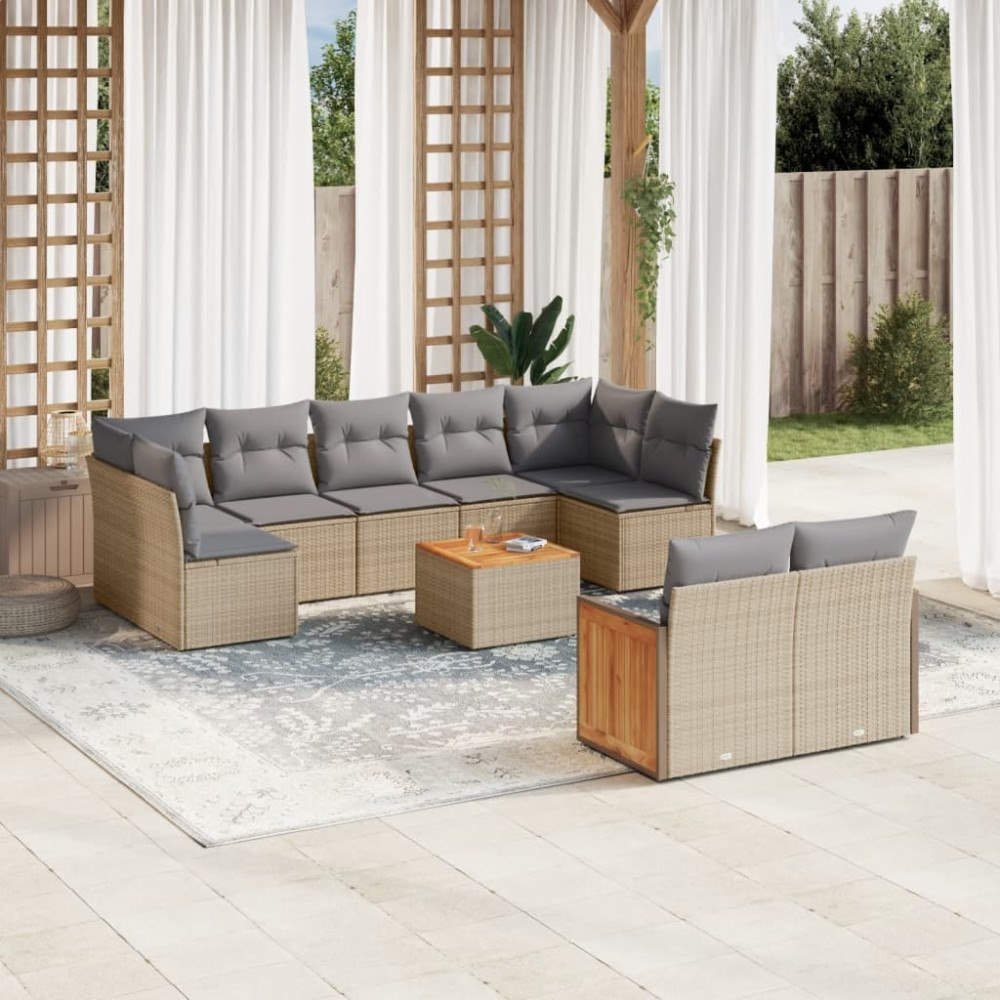 vidaXL Soffgrupp för trädgård med dynor 10 delar beige konstrotting