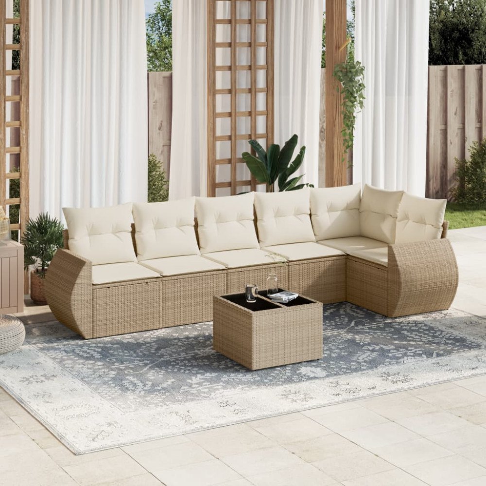 vidaXL Matgrupp för trädgården med dynor 7 delar beige konstrotting