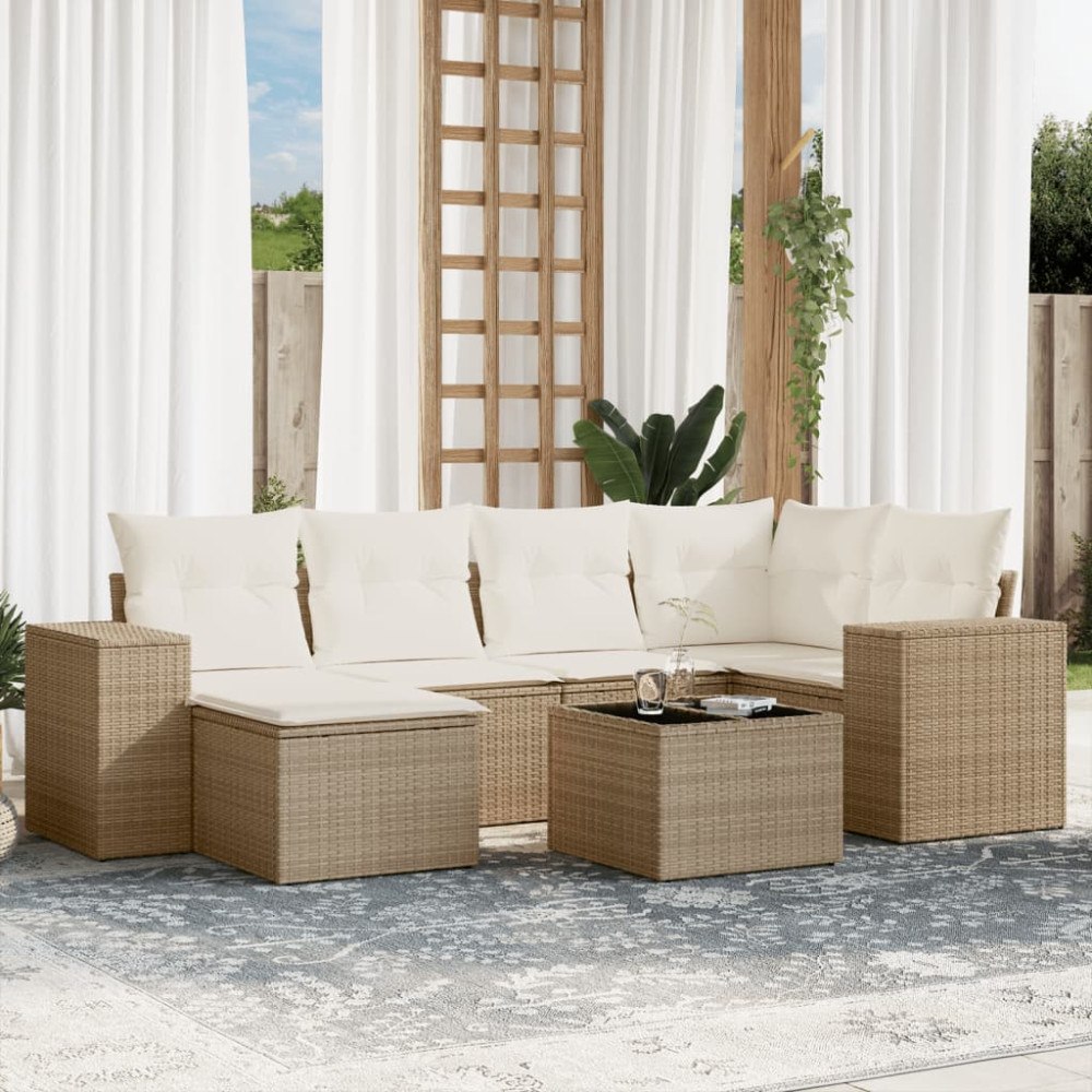 vidaXL Matgrupp för trädgården med dynor 7 delar beige konstrotting