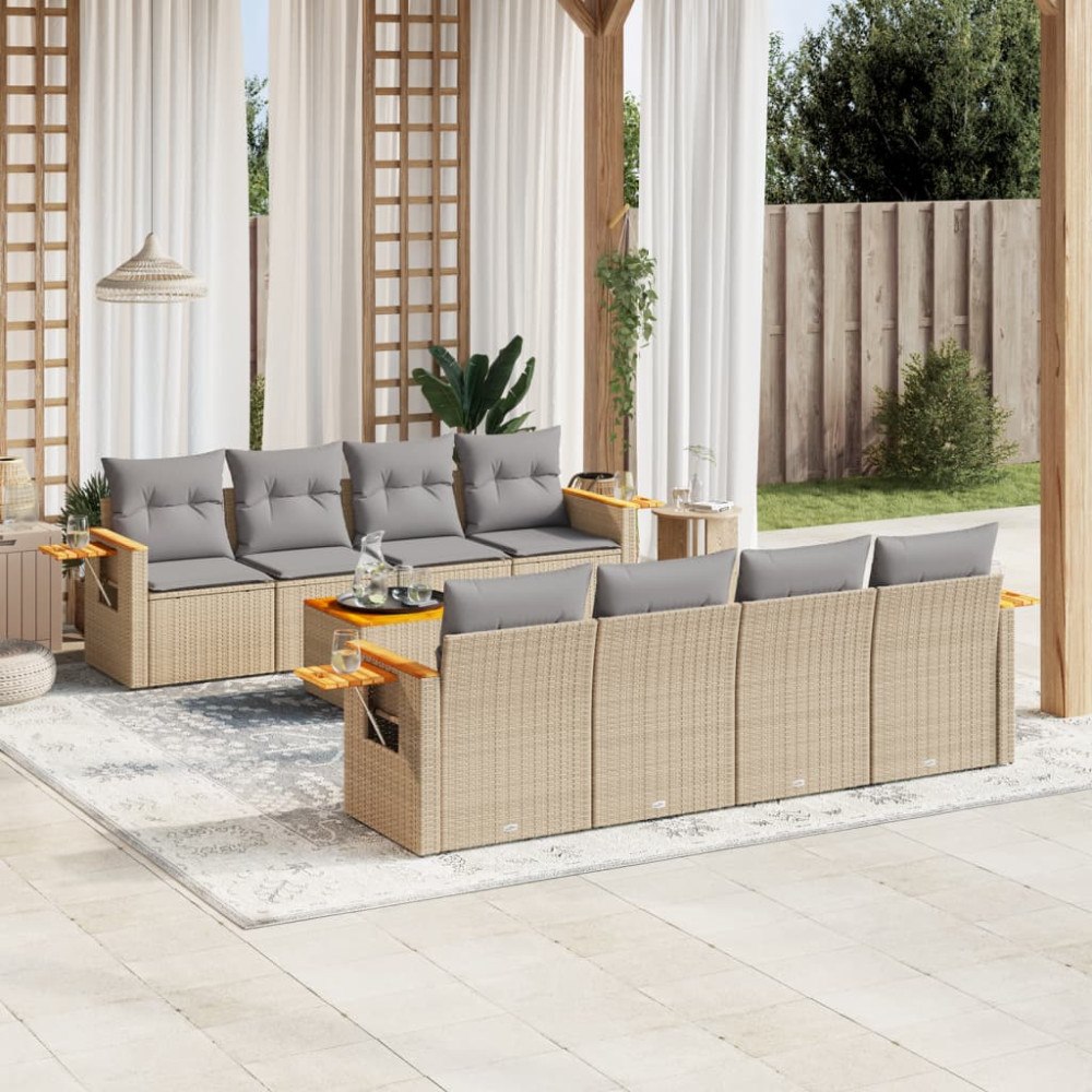 vidaXL Soffgrupp för trädgården med dynor 9 delar beige konstrotting