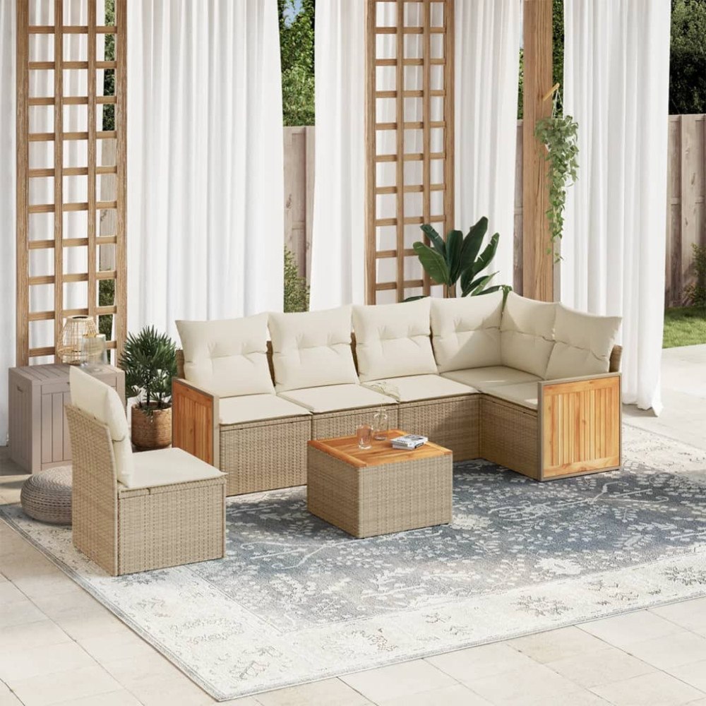 vidaXL Matgrupp för trädgården med dynor 7 delar beige konstrotting