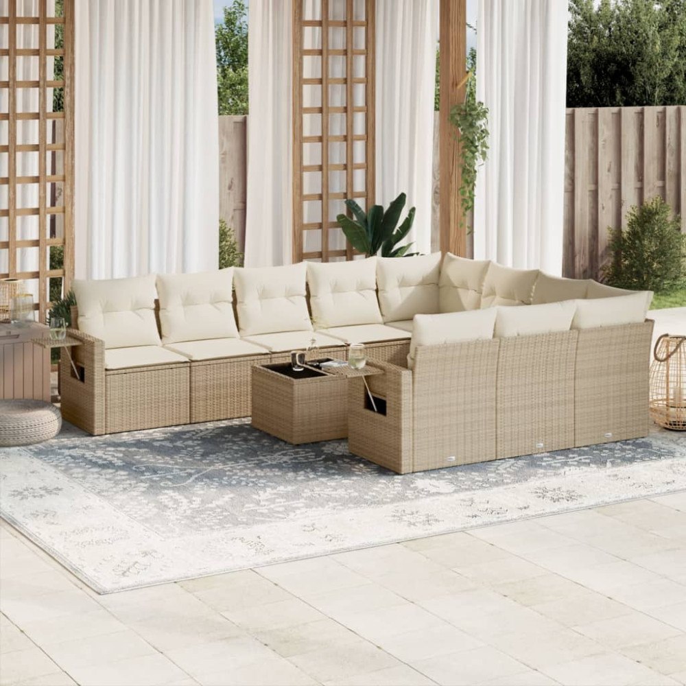 vidaXL Loungegrupp för trädgården m. dynor 11 delar beige konstrotting